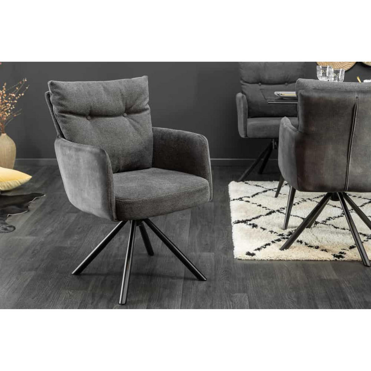 ARMLEHNSTUHL BIG GEORGE Samt, Strukturstoff Anthrazit - Anthrazit/Schwarz, Textil/Metall (58/90/68cm) - riess-ambiente