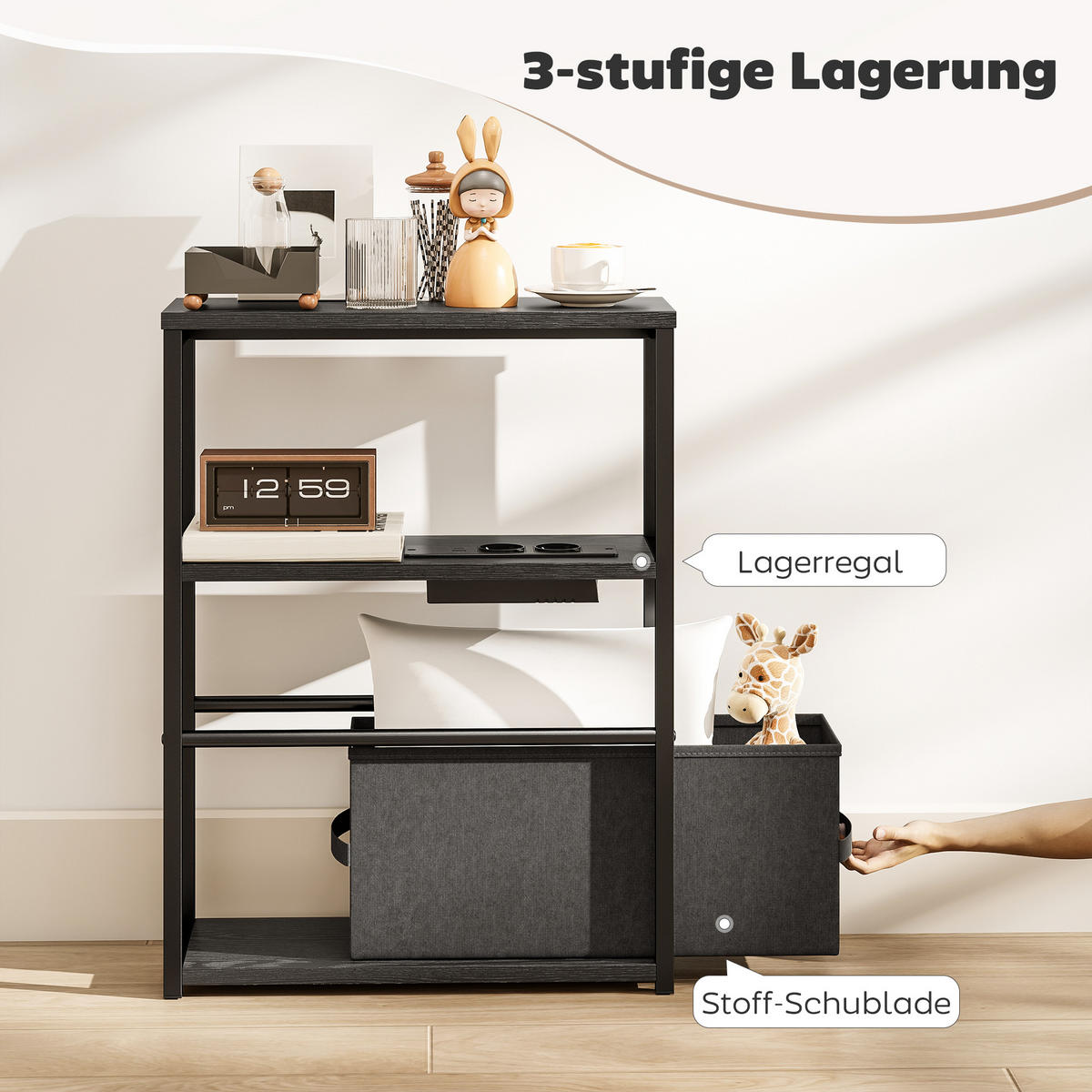 BEISTELLTISCH mit Steckdosenleiste USB & Type-C Ablage Schublade Stahlrahmen - Schwarz, Holzwerkstoff (45/18/60.2cm) - HOMCOM