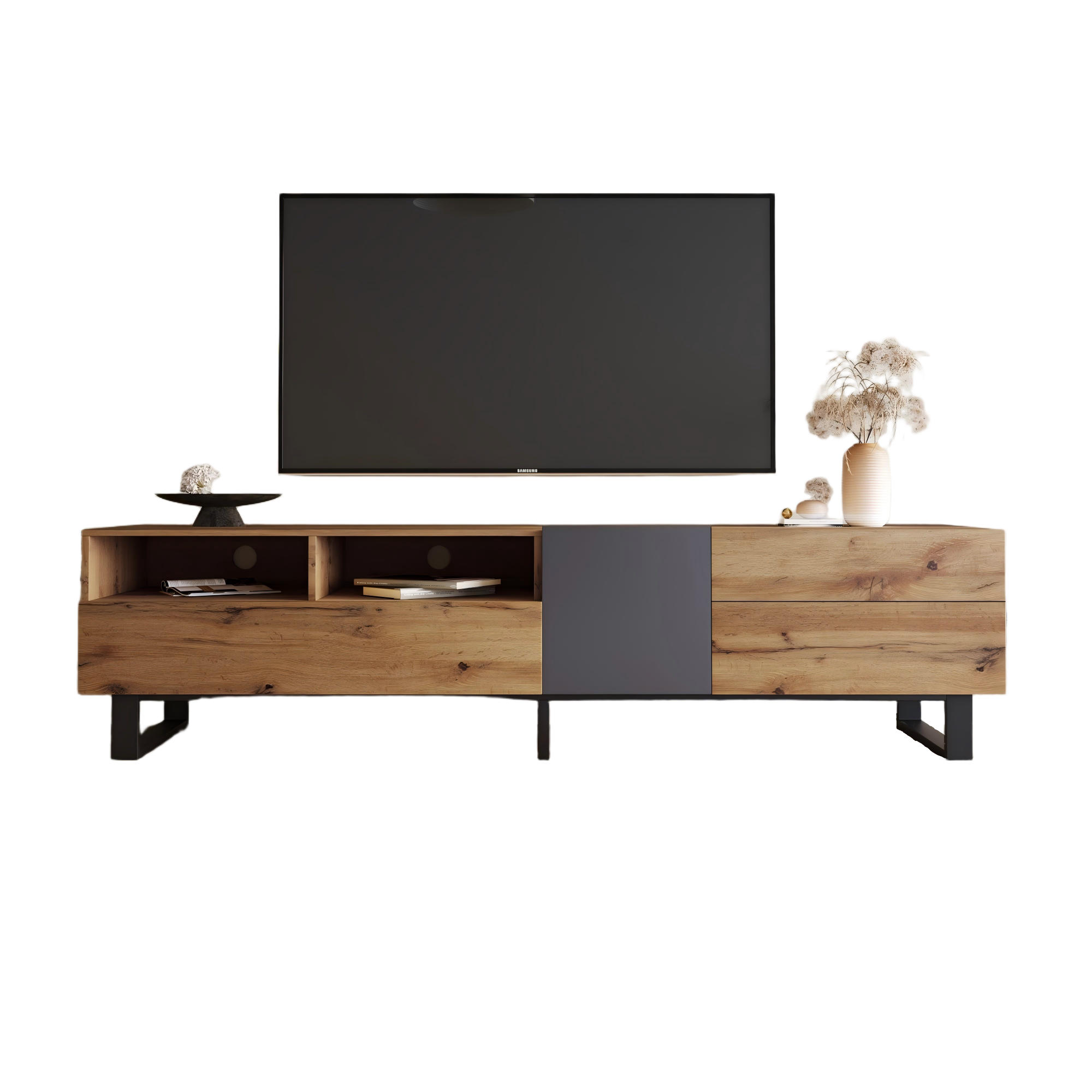 TV-SCHRANK 180/38/50 cm schwarz MDF mit großem Stauraum und Push-Open-Funktion - Alteiche, Holzwerkstoff (180/50/38cm) - OKWISH