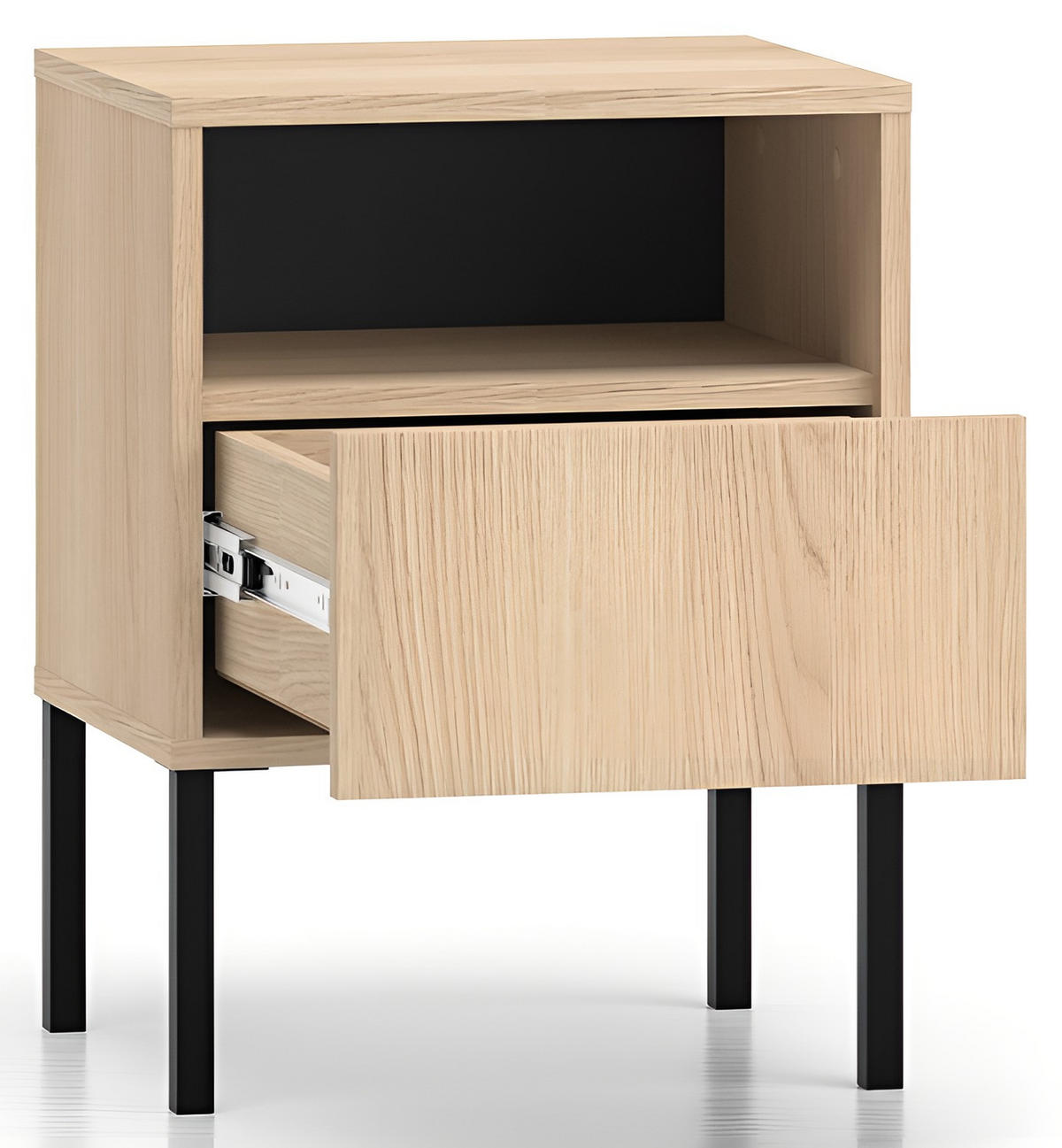 NACHTTISCH Nebra mit Schublade und Ablage, auf Hohen, Schwarzen, Metallenen Füßen – Lindberg Eiche 40/53/34 cm - Eichefarben/Schwarz, Holzwerkstoff/Metall (40/53/34cm) - WFL GROUP