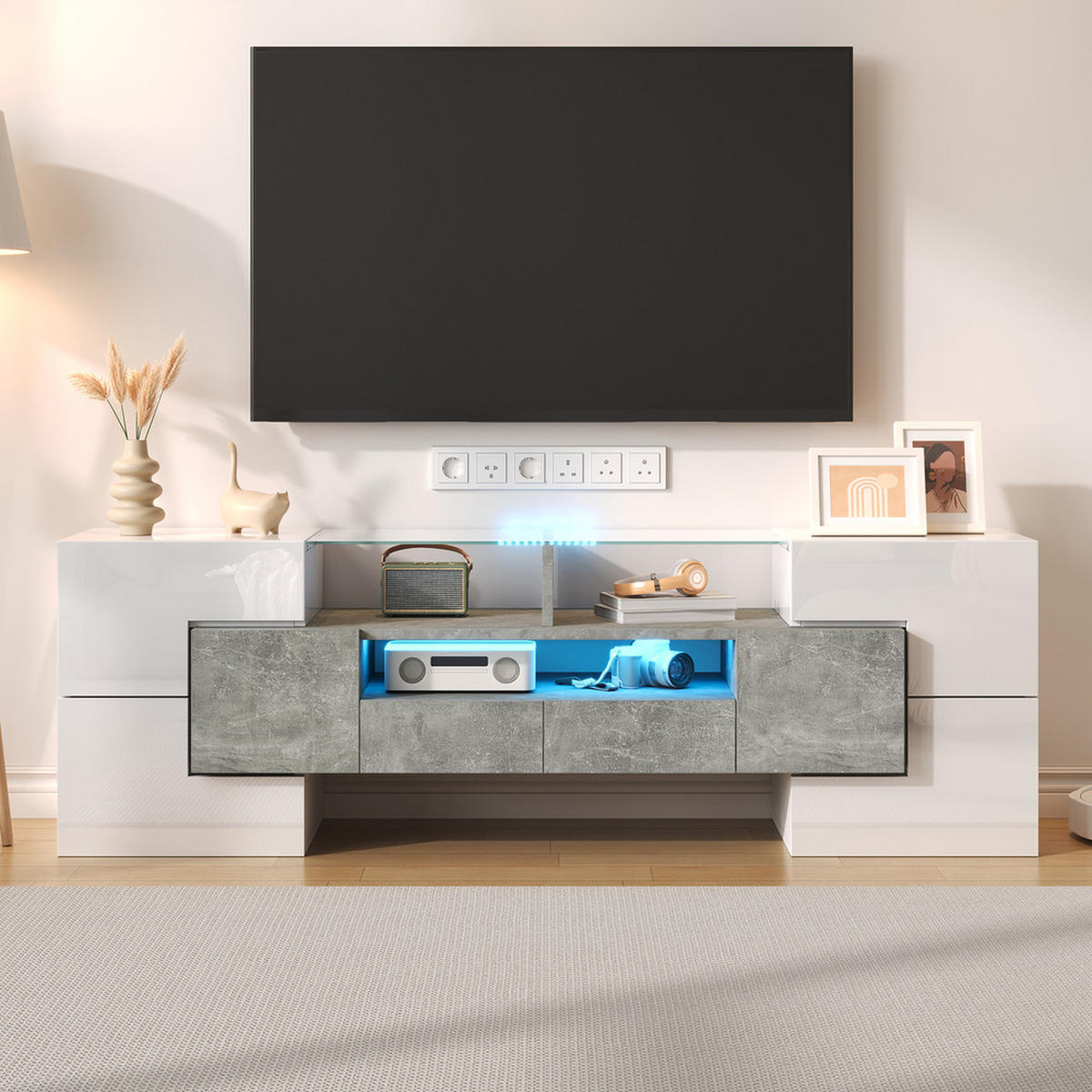 TV-SCHRANK Lowboard Hochglanz Weiß 145cm LED-Beleuchtung Modern - Weiß, Holz (38/35/53.59cm) - FLIEKS