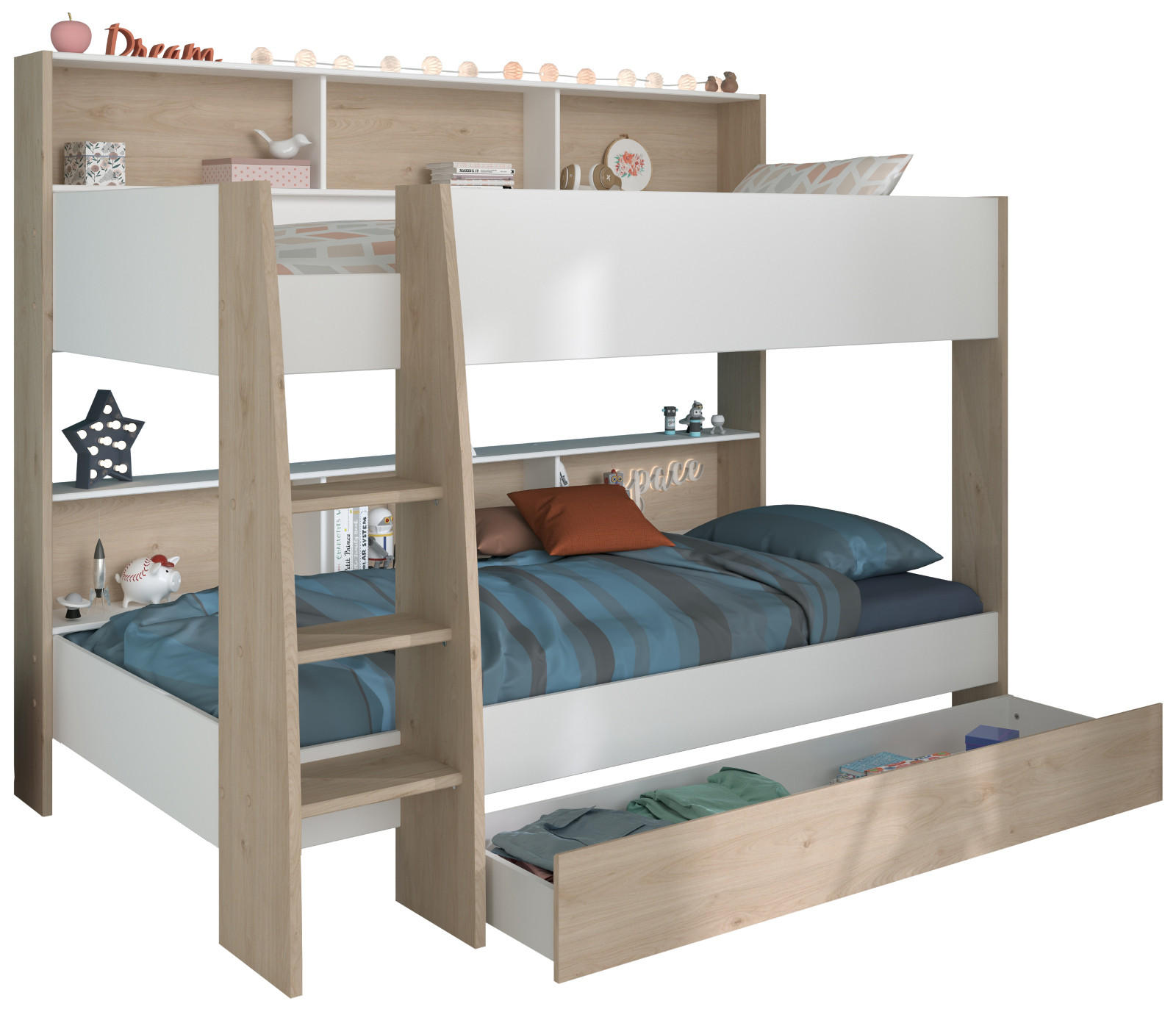 Parisot Meuble Etagenbett Eiche, Weiß 90x200 cm