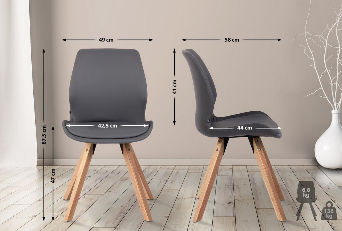STUHL Lederlook grau - Eukalyptusholzfarben/Grau, Holz/Textil (49/87.5/58cm) - CLP