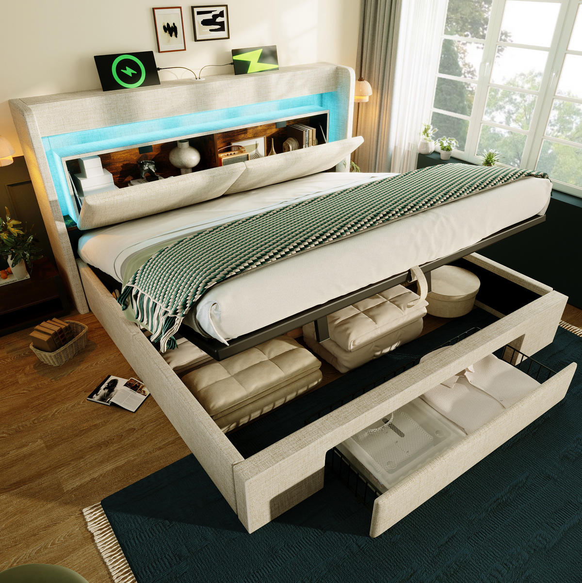 BETT mit Stauraum und LED 140x200 cm Beige mit Matratze - Beige, Metall (140/200cm) - Meubliv