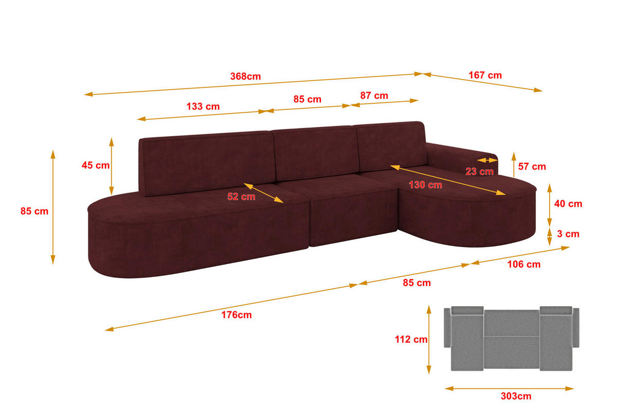 ECKSOFA mit Schlaffunktion Ottomane RECHTS MARI L2-S 368X167X85 Bordeauxrot Velours - Bordeaux/Schwarz, Holzwerkstoff/Kunststoff (167/368cm) - ALTDECOR