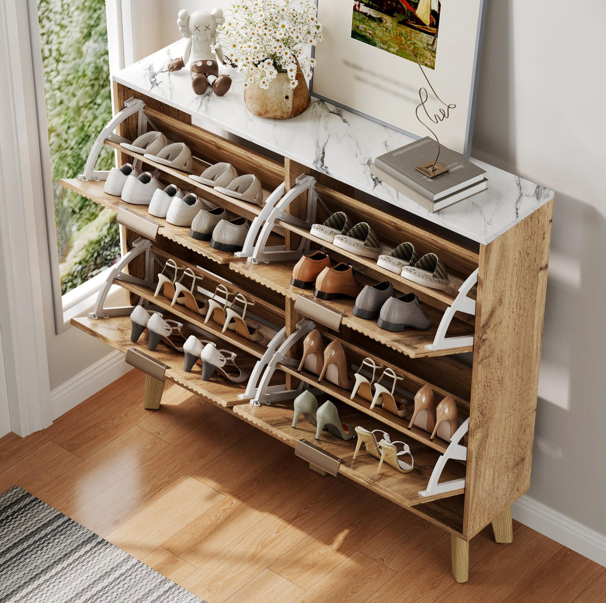 SCHUHSCHRANK 105/24/95,5 cm mit 4 Klapptüren, MDF in Holzoptik mit Platte in Marmoroptik, Natur - Naturfarben, Holzwerkstoff (105/95.5/24cm) - Redom