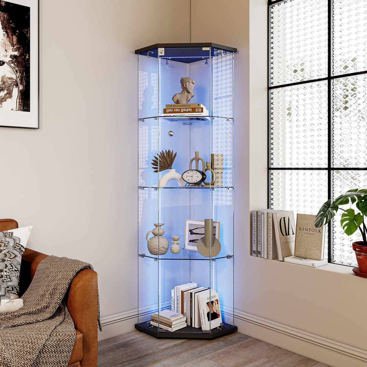 GLASVITRINE freistehend LED 1 Tür Schloss Glas schwarz - Schwarz, Holz (60/162/40cm) - LEBENLANG