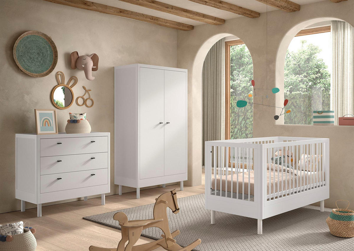 BABYBETT SET 70x140 Keeley Buche Weiß Holz Schrank Komfort Stabil - Weiß, Holz (55/190/100cm) - 58aufmkessel
