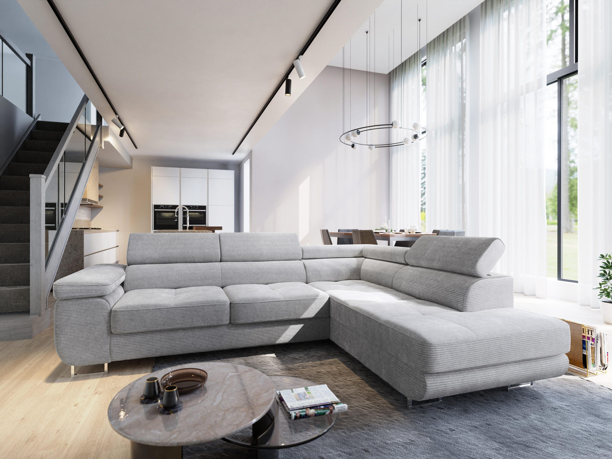 ECKSOFA APIRO R-S Hellgrau Kordstoff mit Schlaffunktion - Hellgrau, Holz (276/202cm) - MASSENO