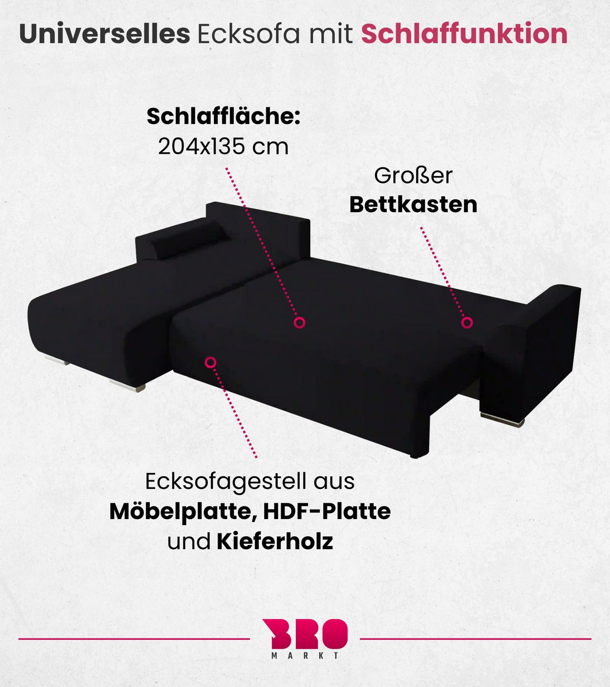 ECKSOFA Sydney mit Schlaffunktion Schwarz Leinenoptik - Schwarz, Textil (280/184cm) - Bromarkt