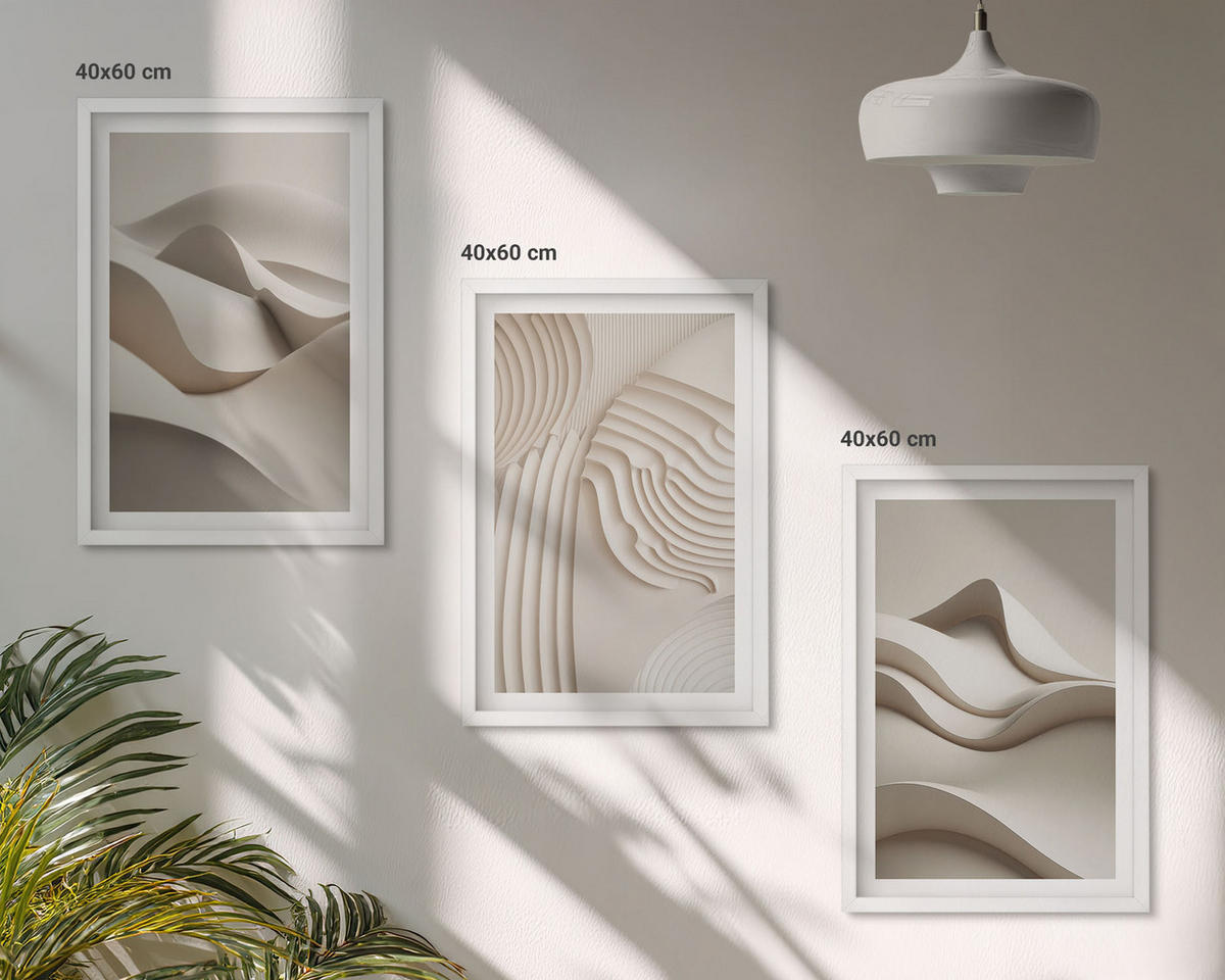 BILDER SET 3er Set - 40x60 cm Weißer Rahmen - Abstrakte beige Wellen - Weiß, Kunststoff (40/60cm) - TULUP