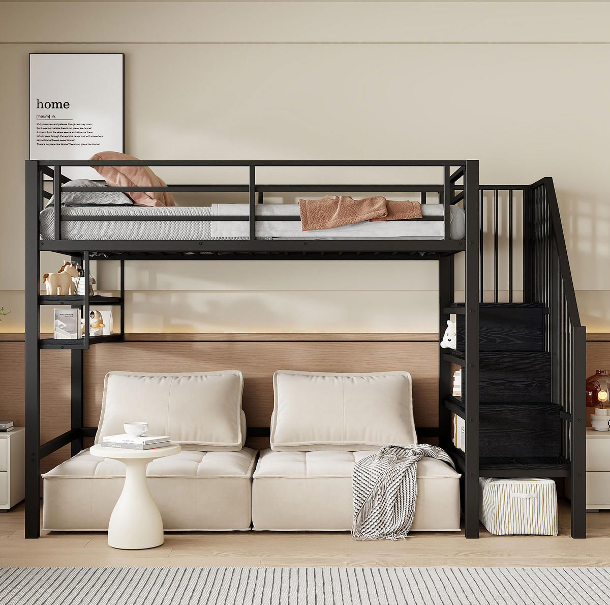 HOCHBETT 90/200 cm, Schwarz mit Stauraumleiter und Einlegeböden ohne Matratze - Schwarz, Metall (90/200cm) - MIVRAY