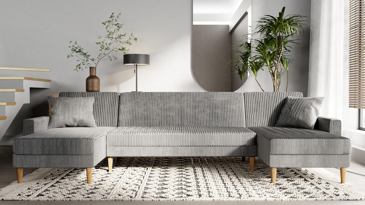 ECKSOFA mit Schlaffunktion U-Form, Hellgrau - Grau, Holzwerkstoff/Textil (330/134cm) - Idohome