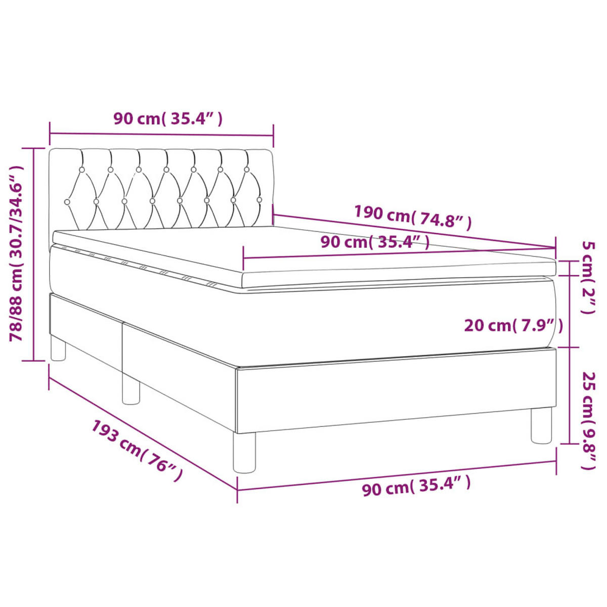 BOXSPRINGBETT 90/190 Cm Grau Samt - Dunkelgrau, Textil (90/193cm) - vidaXL