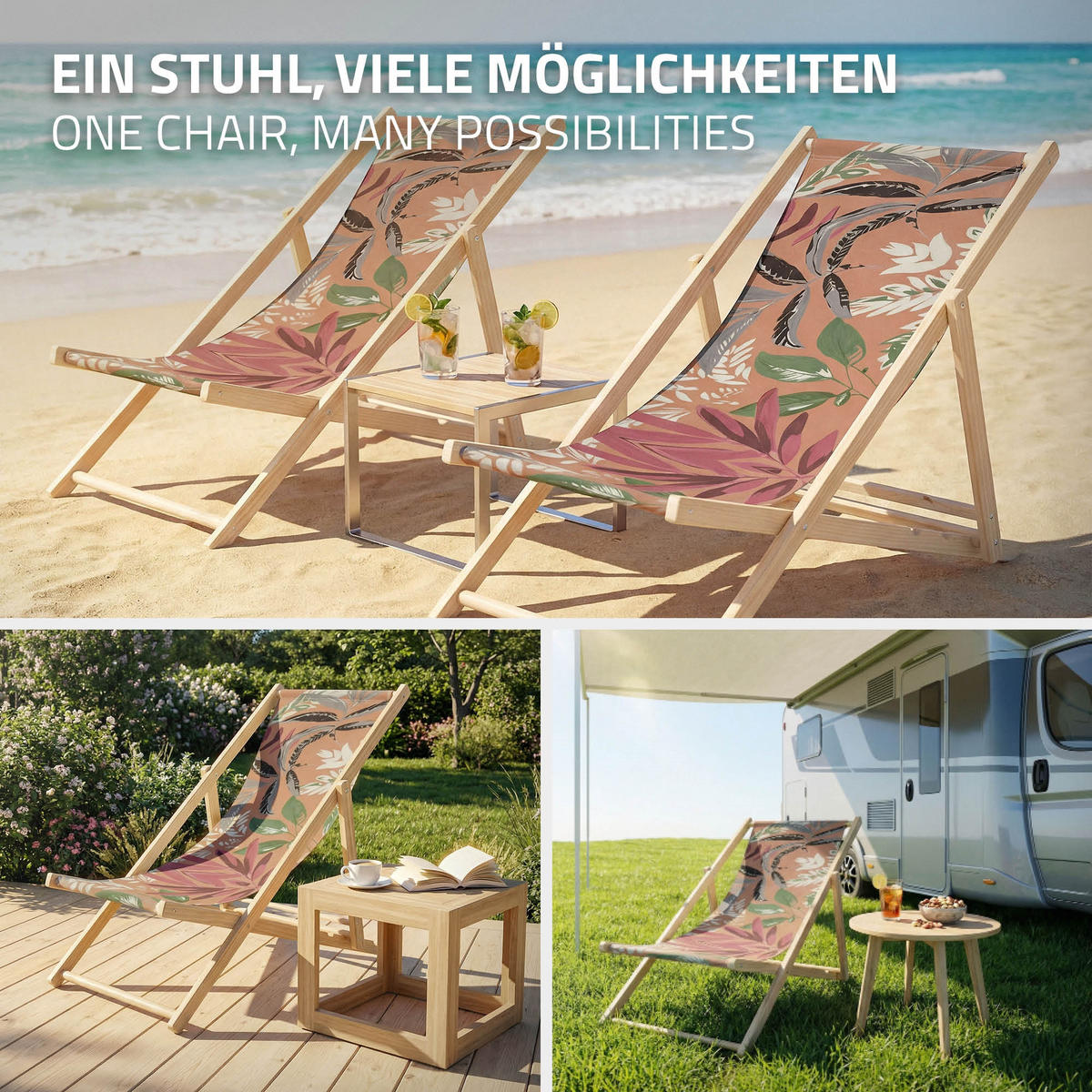 LIEGESTUHL 2er Set Floral Braun-Rot-Grün - Braun, Holz (57.5/83/100cm) - ECD-Germany