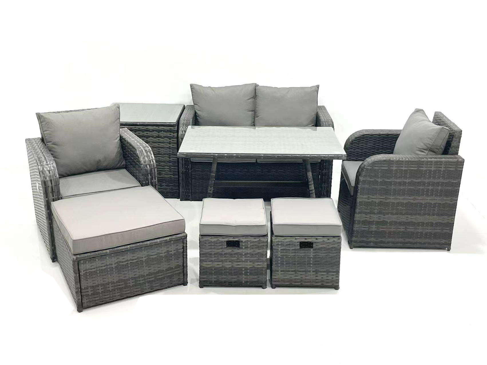 GARTENMÖBEL SET mit COUCHTISCH Polyrattan Dunkelgrau 8-Sitzer - Dunkelgrau/Grau, Glas/Kunststoff - Fimous