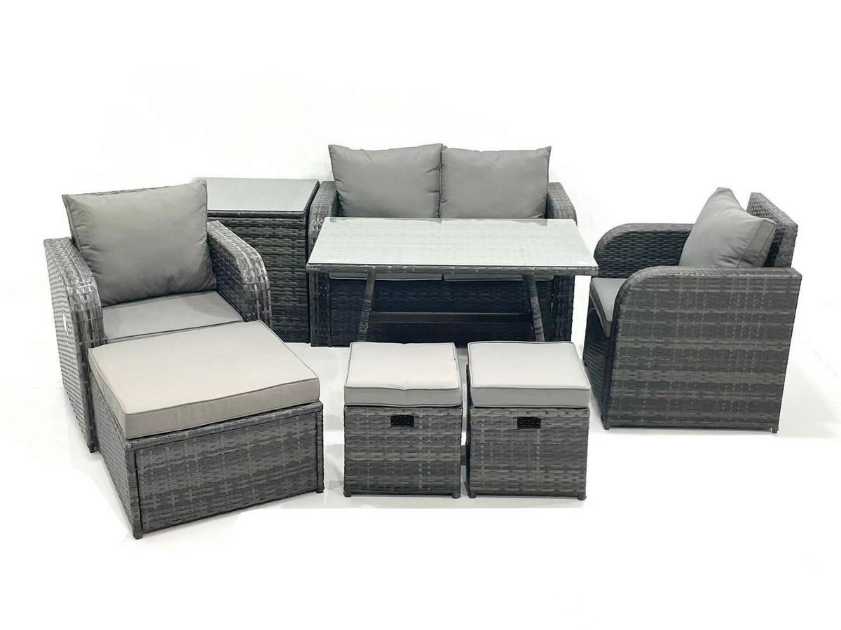 GARTENMÖBEL SET mit COUCHTISCH Polyrattan Dunkelgrau 8-Sitzer - Dunkelgrau/Grau, Glas/Kunststoff - Fimous