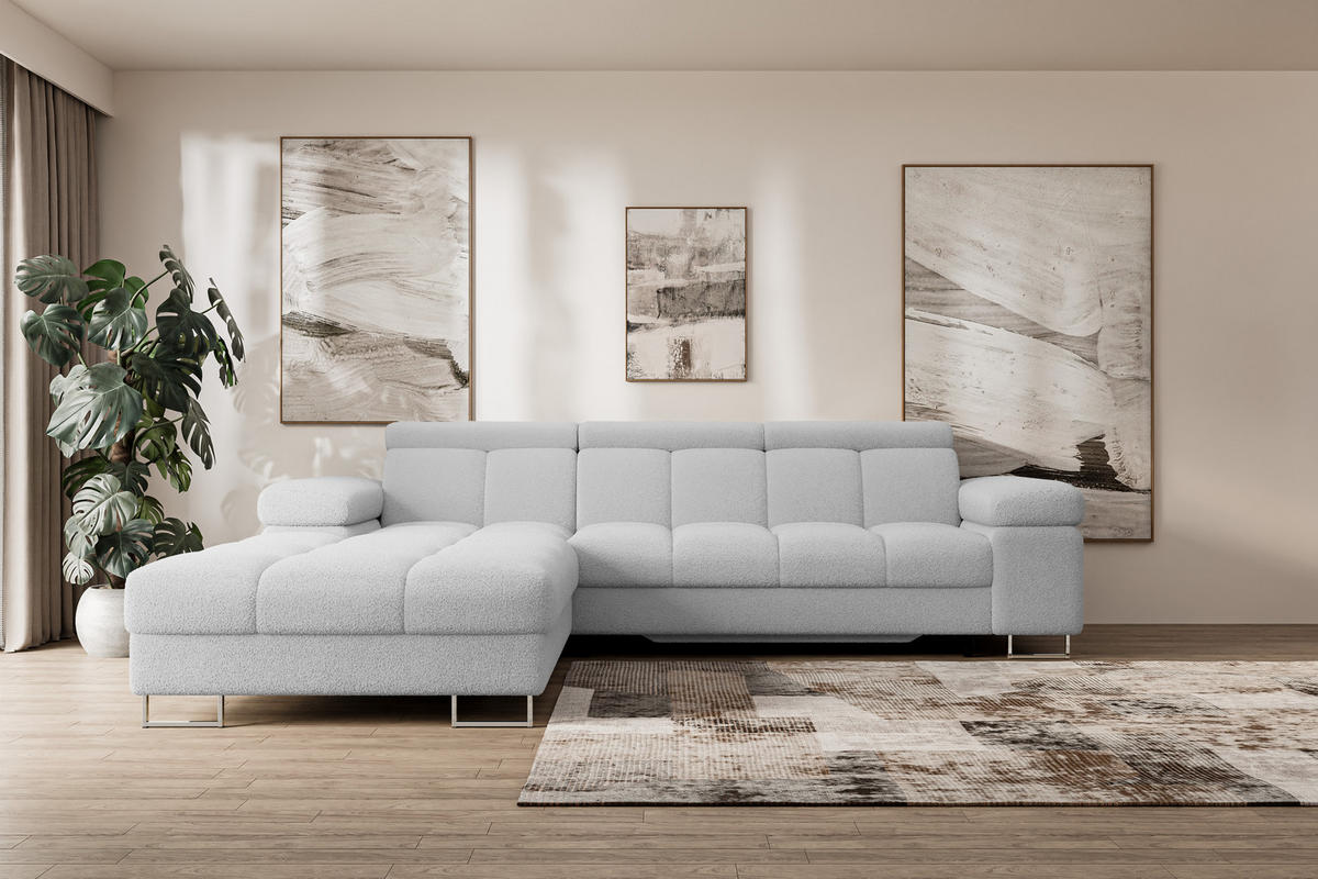 ECKSOFA mit Schlaffunktion Ottomane Links 271x203x79 Hellgrau Bouclé - Edelstahlfarben, Holzwerkstoff/Textil (271/203cm) - ALTDECOR