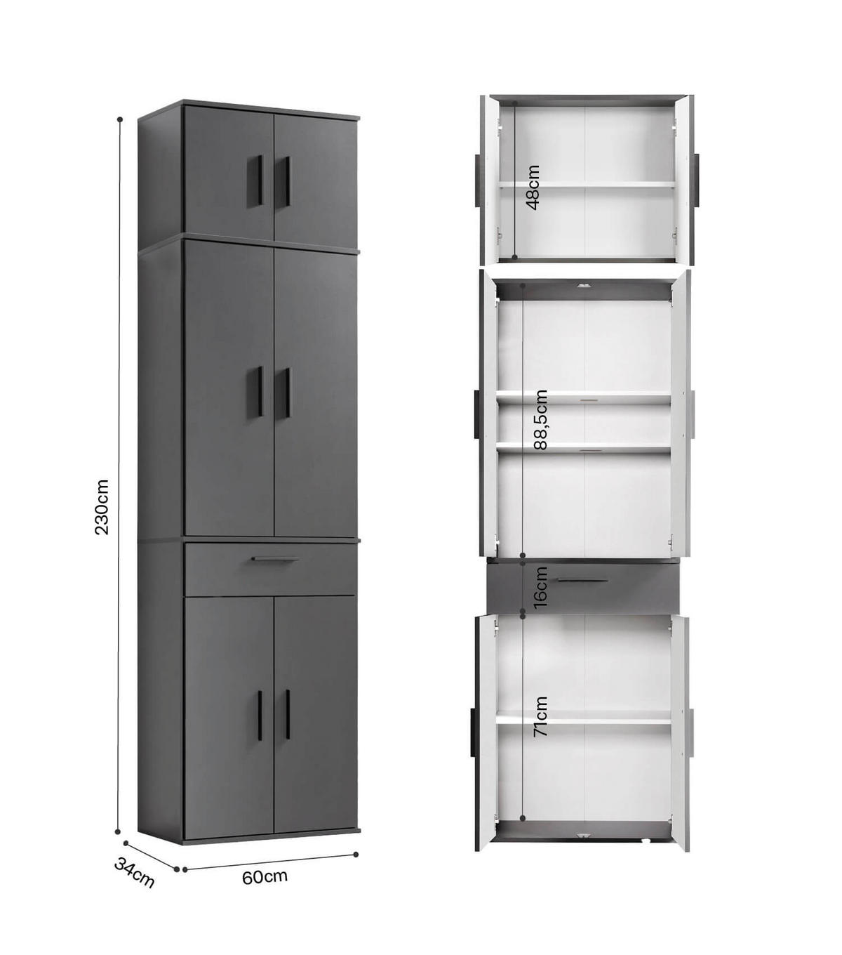 MEHRZWECKSCHRANK Der Extralange - Anthrazit/Schwarz, Holzwerkstoff (60/230/34cm) - Mokebo