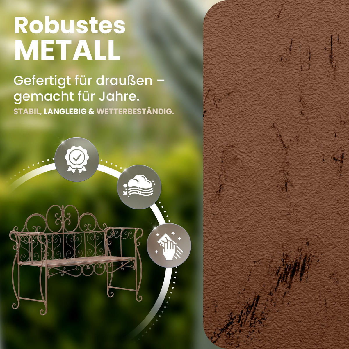 GARTENBANK 128/46 cm Metall Antik Braun - Braun, Metall (128/94/46cm) - CLP