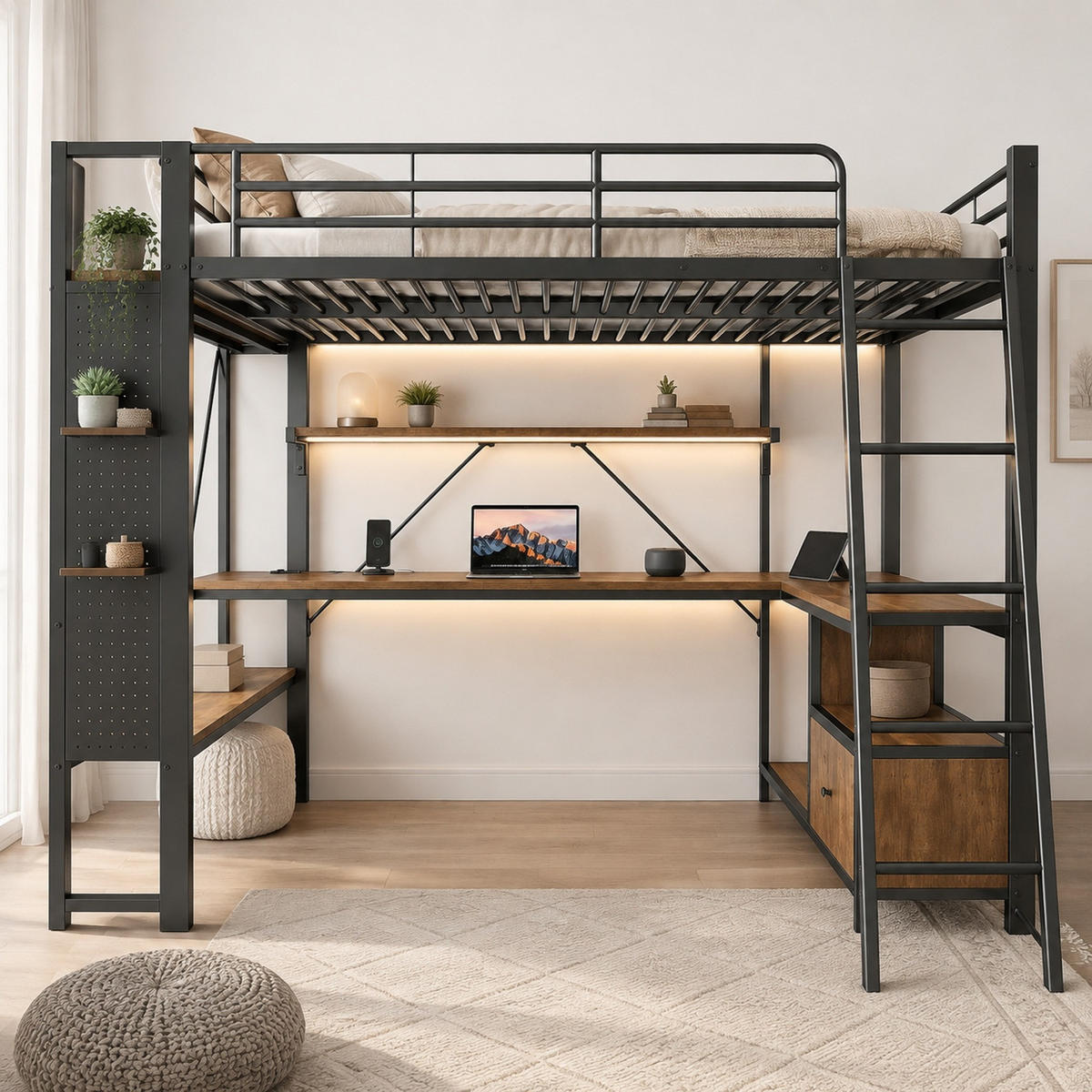 HOCHBETT 140/200 mit LED, Schreibtisch und USB-Anschluss in Schwarz - Schwarz, Holzwerkstoff/Metall (140/200cm) - EVRYAE