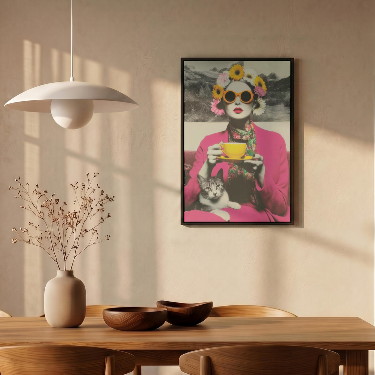 LEINWAND Bilder mit Rahmen - Frau - Katze - Blumen - Tasse - Retro - 40x60 - Magenta, Textil (40/60cm) - MuchoWow
