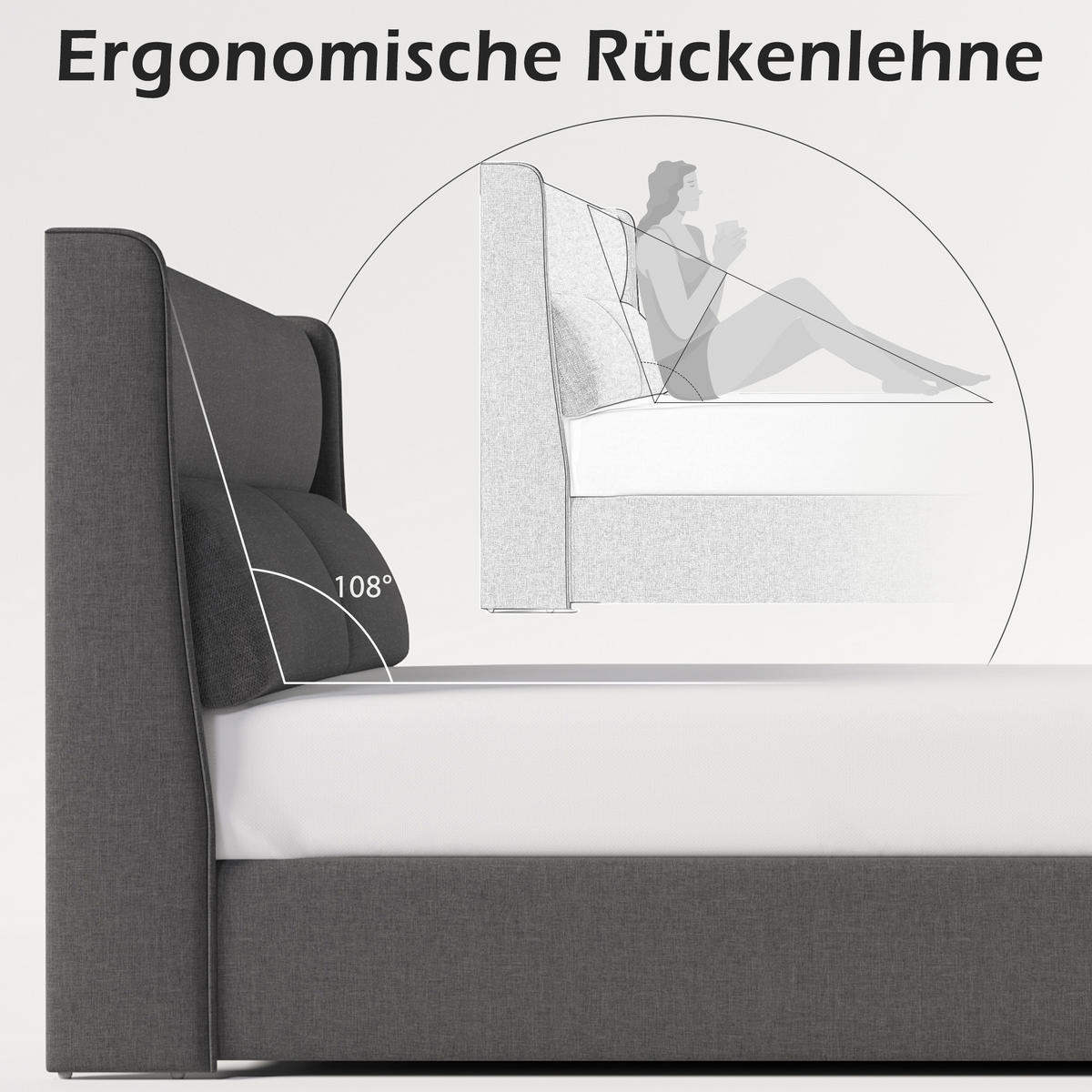 POLSTERBETT 180/200 cm in Grau mit Bettkasten und verstellbaren Kopfstützen Leinen Wingback-Design - Grau, Textil/Metall (180/200cm) - STILVORA