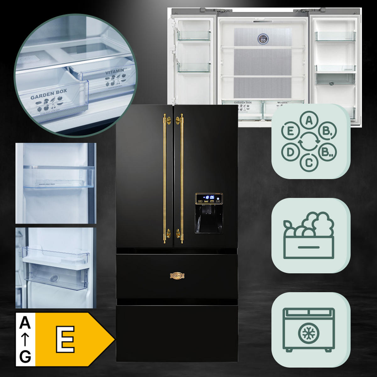 SIDE-BY-SIDE-RETRO-KÜHLSCHRANK KS 80425 Em, Schwarz, No Frost 506 L - Schwarz, Metall (83.6/183/70.6cm) - Kaiser Küchengeräte