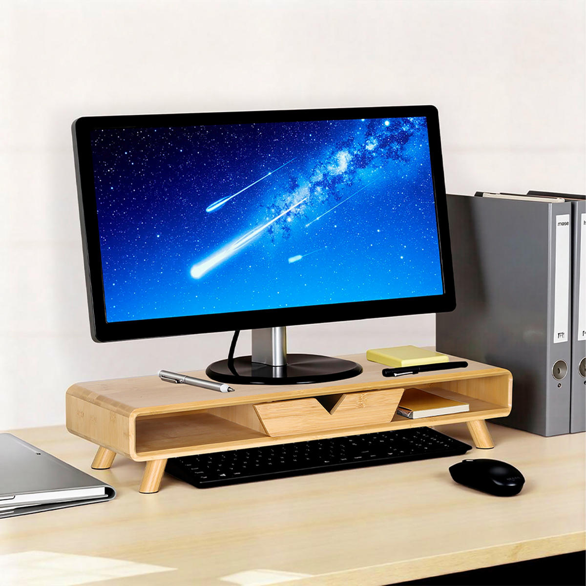 MONITORSTÄNDER Natur Bambus mit Schublade - Hellbraun, Holz/Holzwerkstoff (20.5/62/13cm) - Relaxdays