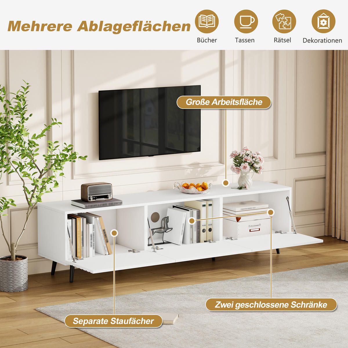 TV-LOWBOARD 180x40x48 cm Weiß MDF 3 Türen Stauraum - Weiß, Holzwerkstoff (40/48/180cm) - FLIEKS