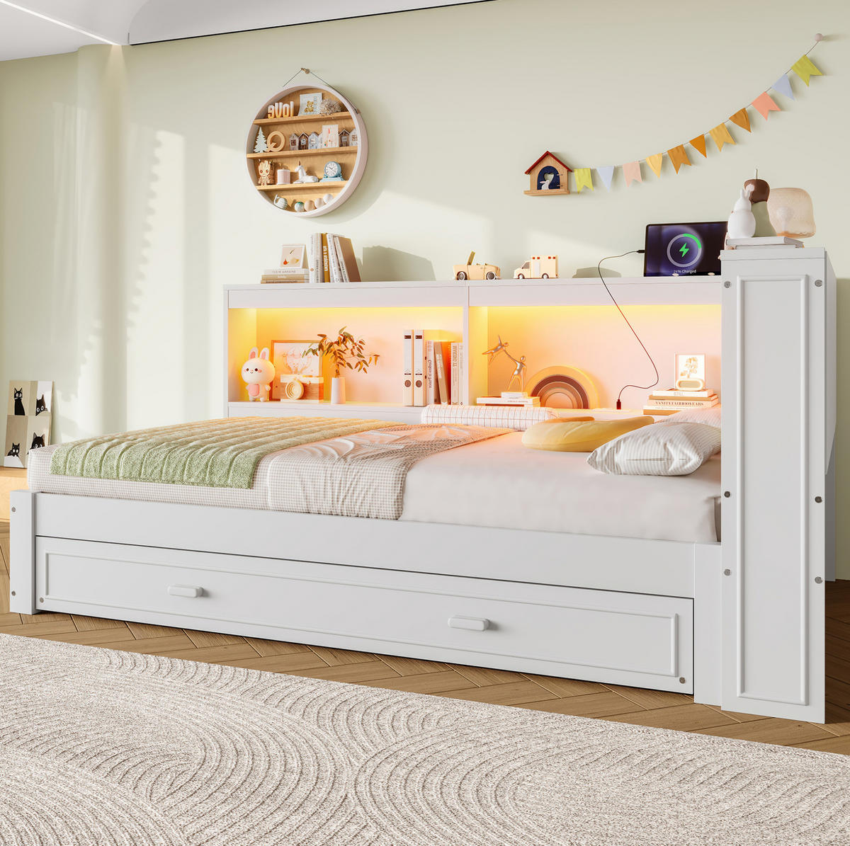KINDERBETT 90/200 cm Weiß aus Kiefern mit Ausziehbett, LED-Beleuchtung, USB, Typ-C und Steckdose - Weiß, Holz (90/200cm) - OKMYHOME