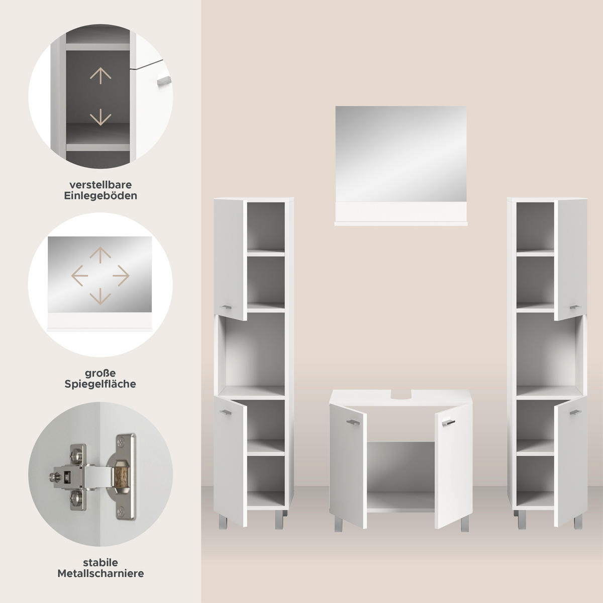 BADKOMBINATION 4tlg. Boston/Tampa Bad in weiß Nachbildung - modernes Design - B/H/T: 137x186x33 cm - Weiß, Holzwerkstoff (137/186/33cm)