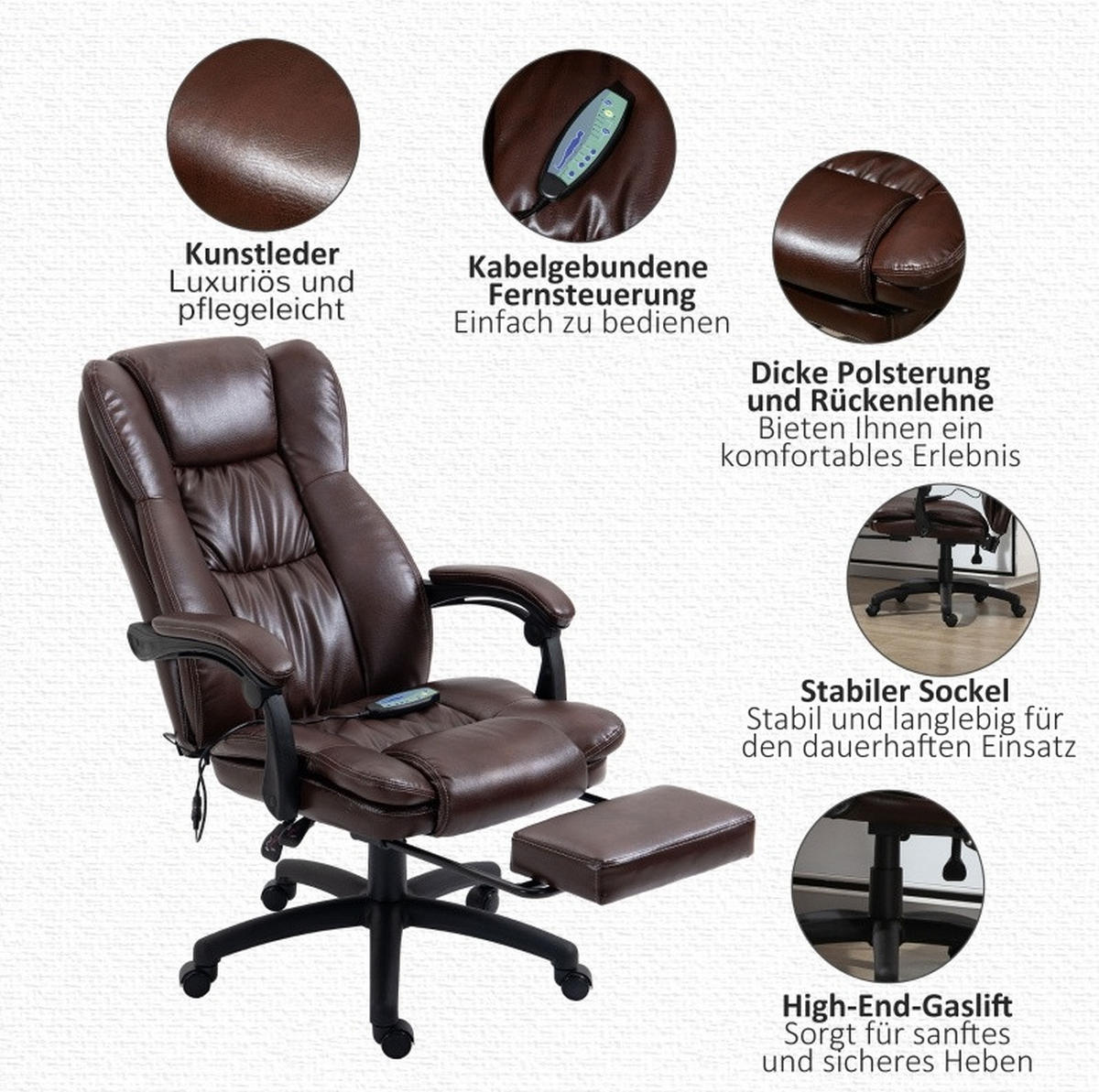 BÜROSTUHL in Braun 68,5x68,5x121 cm mit Massagefunktion, verstellbarer Rückenlehne und Fußstütze - Braun, Kunststoff (68.5/121/68.5cm) - IVMEU