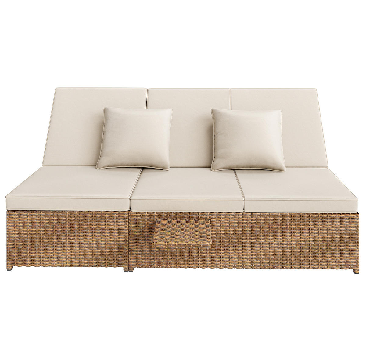 GARTENLIEGE aus Metall, PE-Rattan und Polyester 199x120x37 cm Weiß mit verstellbaren Rückenlehnen, Kissen und Beistelltisch - Weiß, Kunststoff (120/37/199cm) - Modfu