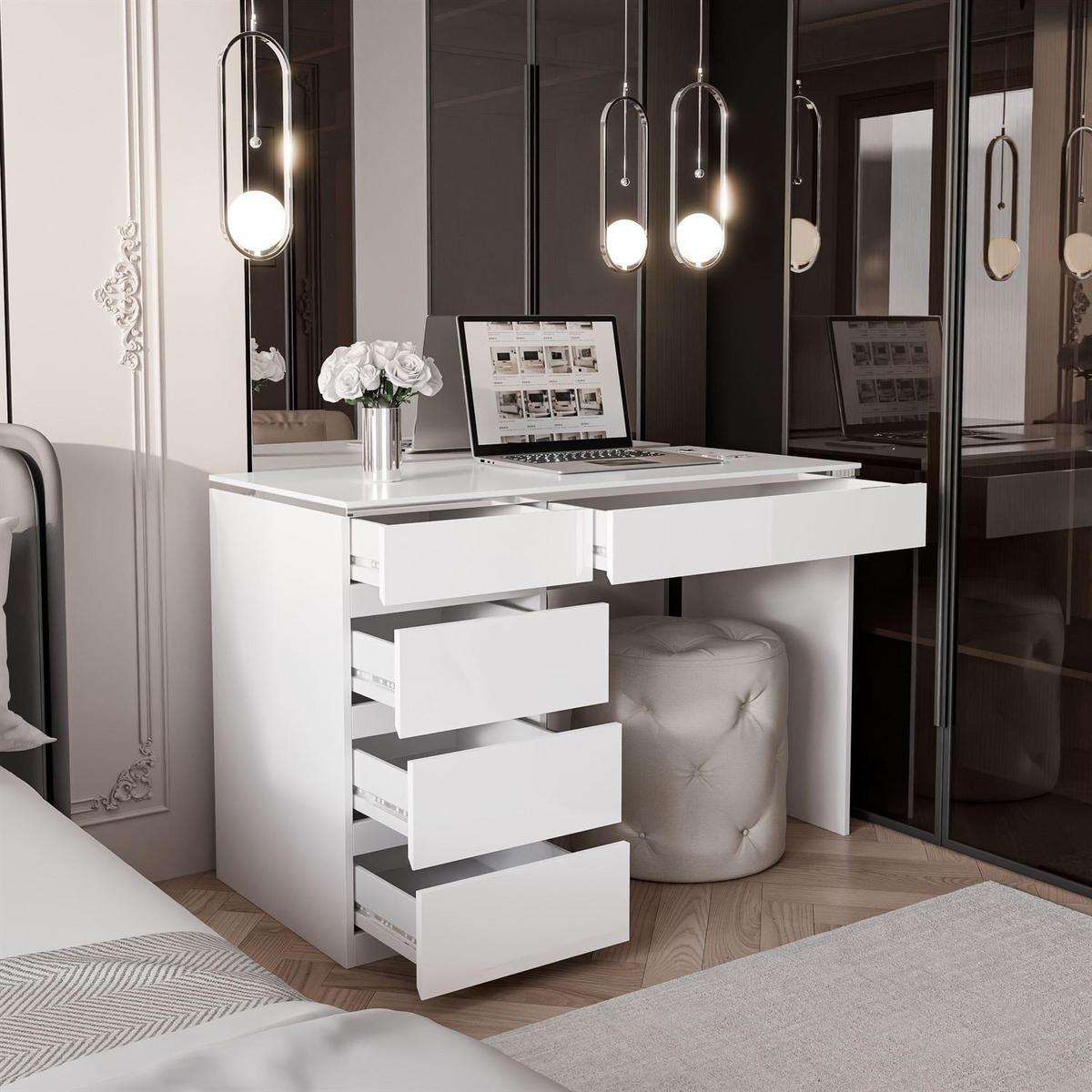 SCHREIBTISCH AURORA SILVER mit Schubladen - Weiß Hochglanz, Holzwerkstoff (55/120/78.5cm) - Lookway