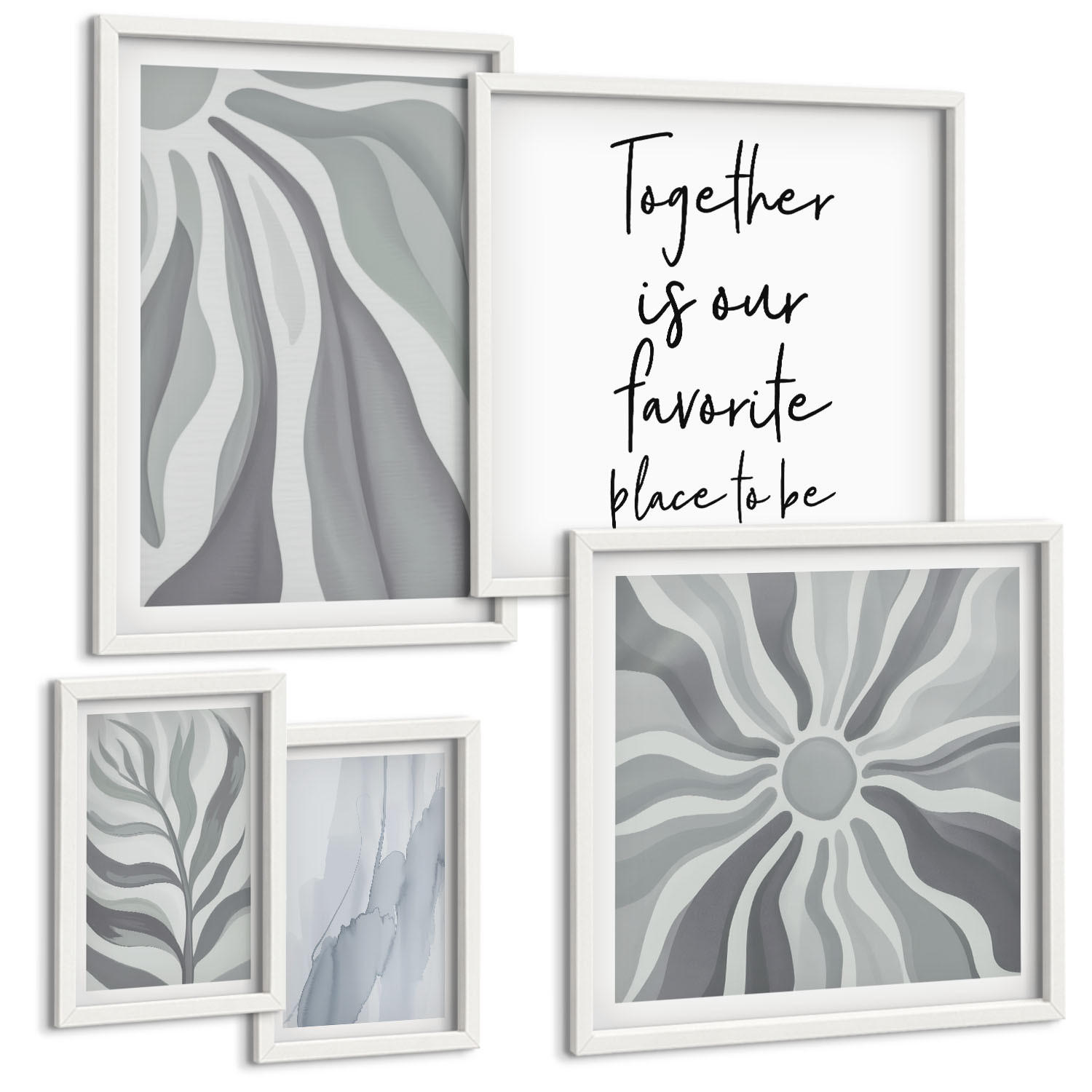 BILDER SET 5er Set - 50x50 cm & 20x30 cm & 40x60 cm Weißer Rahmen - Illustrationen mit floralen Pastellmustern - Weiß, Kunststoff (40/60cm) - TULUP