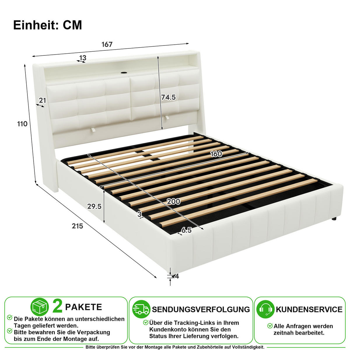 ČALOUNĚNÁ POSTEL 160/200 cm v bílé barvě s úložným prostorem, LED a USB - bílá, kov/kompozitní dřevo (160/200cm) - CHICFURN