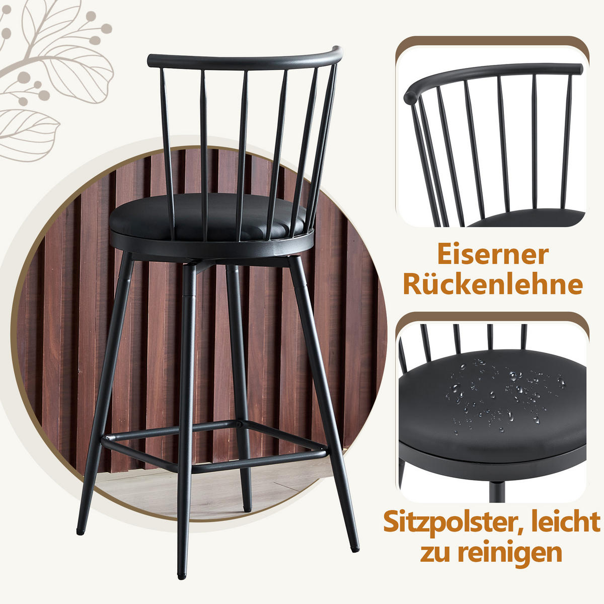 BARHOCKER DE-36667 2er Set mit PU-Bezug und Metallgestell Schwarz - Schwarz, Metall (39/96/39cm) - ComfortXL