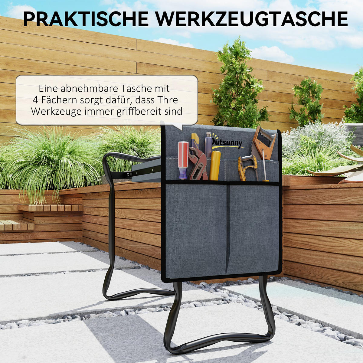 KNIEBANK für Gartenarbeit klappbar Gartenhocker mit Kniekissen Werkzeugtasche - Grau, Metall (28/49/58cm) - Outsunny