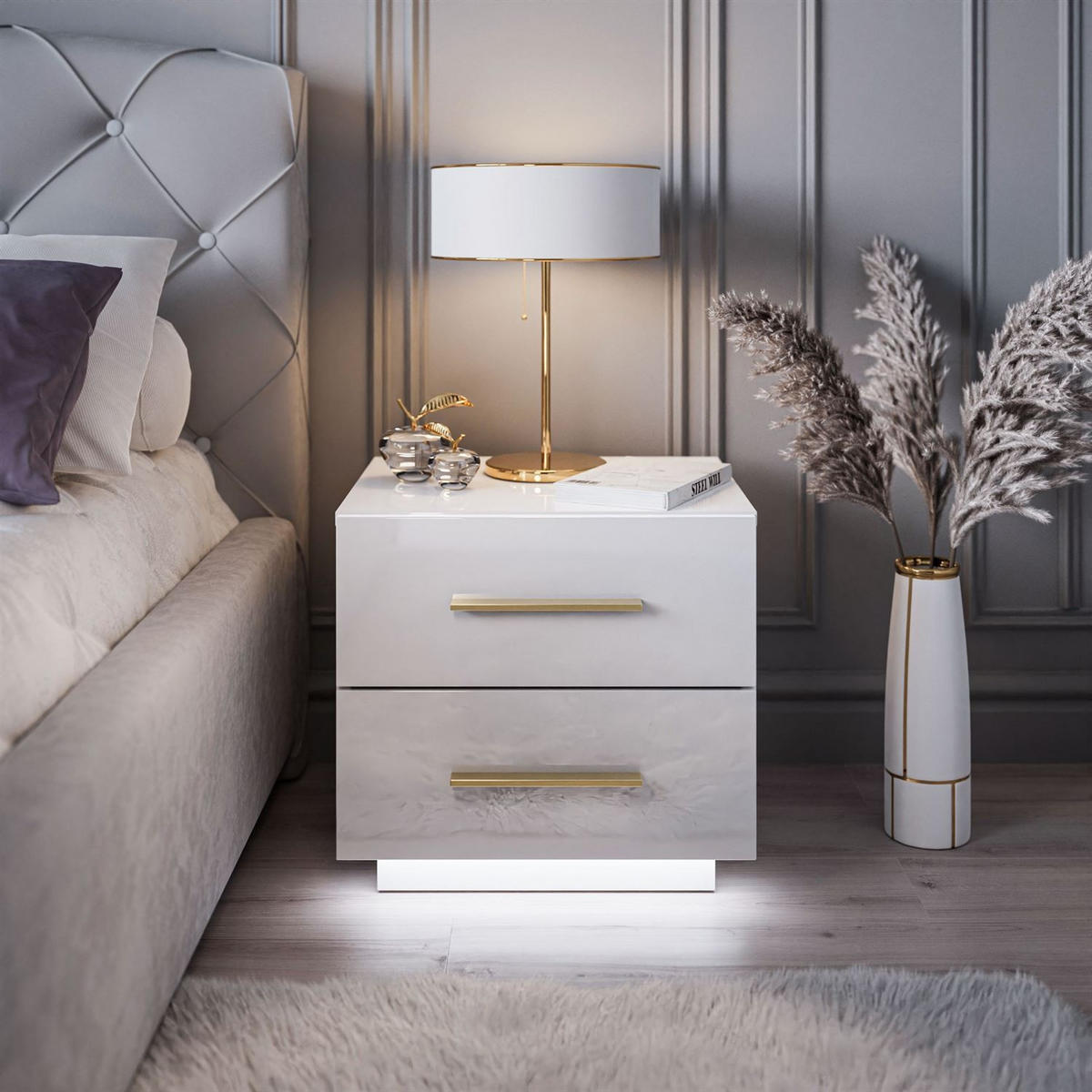 NACHTTISCH LINA LUX mit Griffen und Hochglanzplatte, LED – Griffe: Gold-Matt - Weiß, Holzwerkstoff (45/48/38.5cm) - Lookway