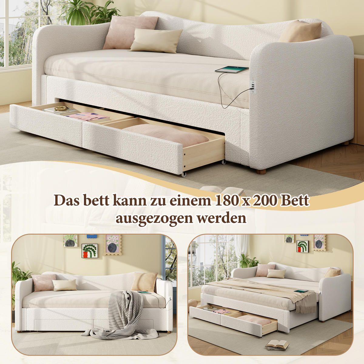 POLSTERBETT aus Schleife 90x200/180x200 cm in Beige mit 2 Schubladen & USB/Typ-C - Beige, Textil (90/200cm) - Modfu