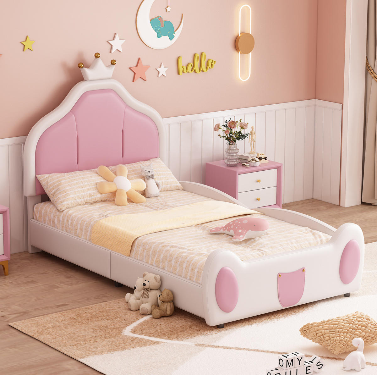KINDERBETT 90/200 cm Weiß/Pink mit Kronenleiste aus Kunstleder - Weiß, Textil (90/200cm) - OKWISH