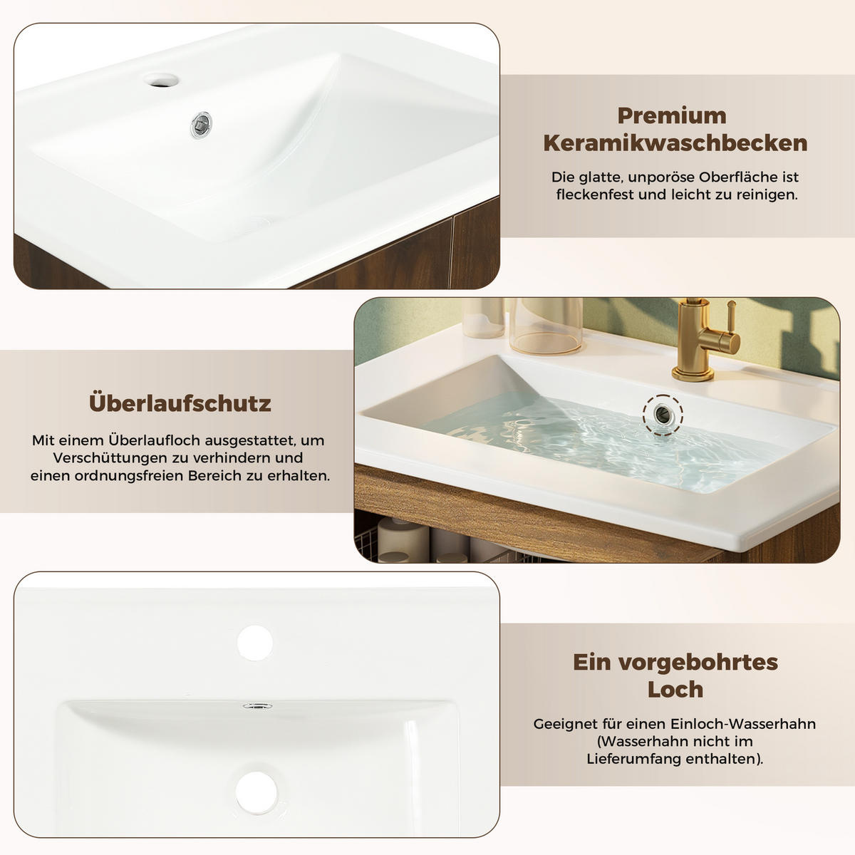 BADEZIMMERSCHRANK Rattan Türen Keramik Waschbecken Stauraum 61cm - Walnussfarben, Keramik (61/89/47cm) - FLIEKS