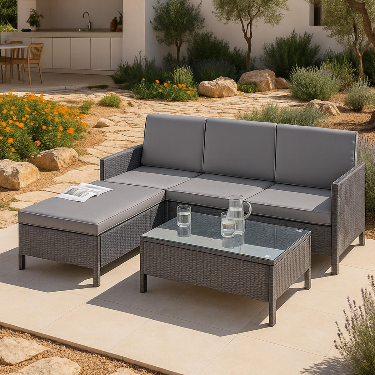 GARTENMÖBEL-SET 3 TLG. - Dunkelgrau, Naturmaterialien - [en.casa]