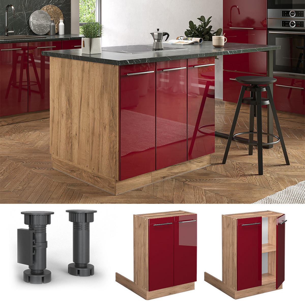 KÜCHENINSEL Fame-Line Bordeaux Hochglanz 60 cm ohne AP - Bordeaux/Eiche Wotan, Holzwerkstoff (60/82/30cm) - Vicco