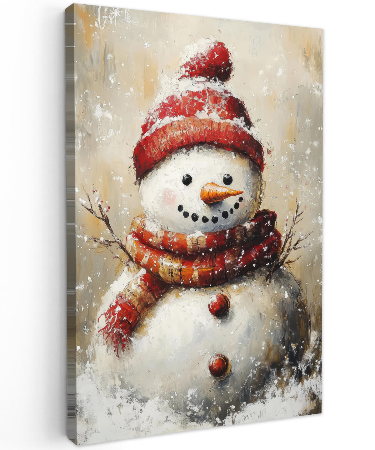 LEINWANDBILD Schneemann - Winter - Schnee - Beige 20x30 cm - Weiß, Textil (20/30cm) - MuchoWow