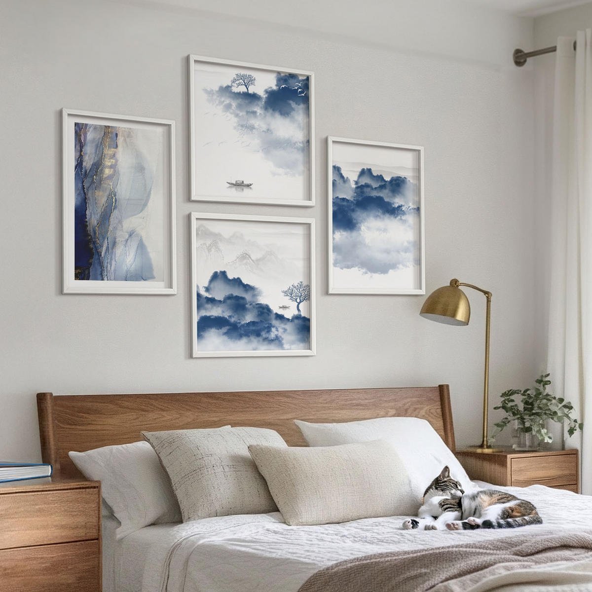 WANDBILDER 4er-Set - 50x50 cm & 40x60 cm Weißer Rahmen - Berge, Wolken, Bäume, Vögel im Hintergrund - Weiß, Kunststoff (50/50cm) - ArtPrintCave