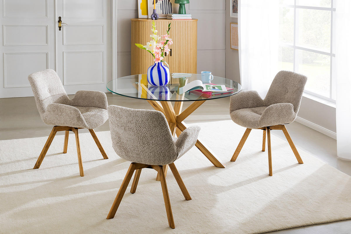 POLSTERSTUHL - Bouclé / Buche massiv - Eichefarben/Cappuccino, Holz (61/84/61cm) - home24