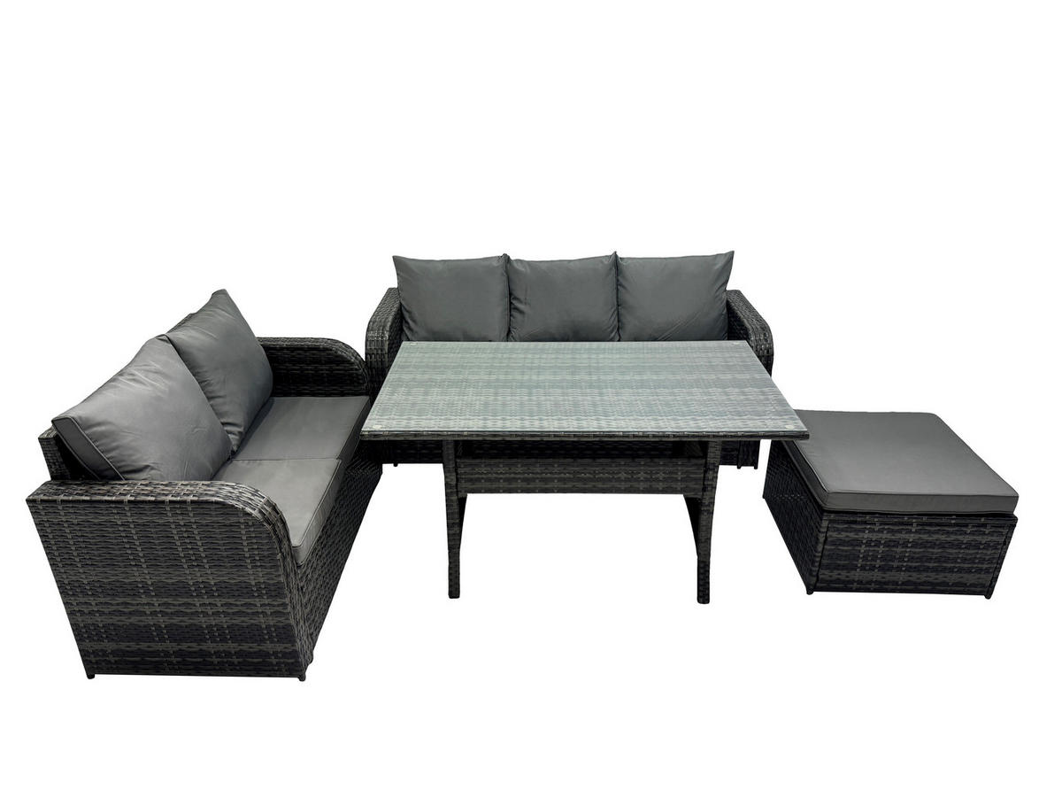 Gartenmöbelset mit Esstisch,Zweisitzer,Hocker Polyrattan Dunkelgrau 6-Sitzer - Dunkelgrau/Grau, Glas/Kunststoff - Fimous