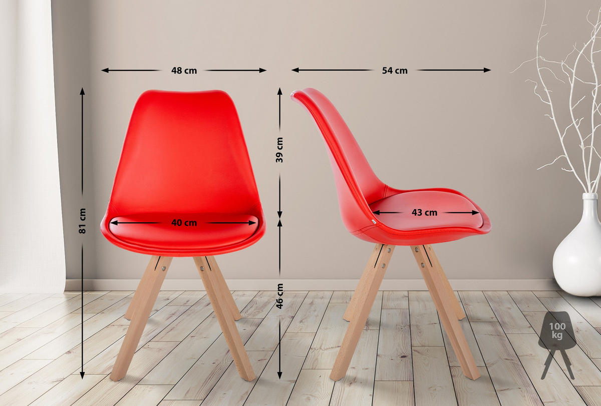 STUHL Lederlook rot - Rot/Naturfarben, Holz/Textil (48/81/54cm) - CLP